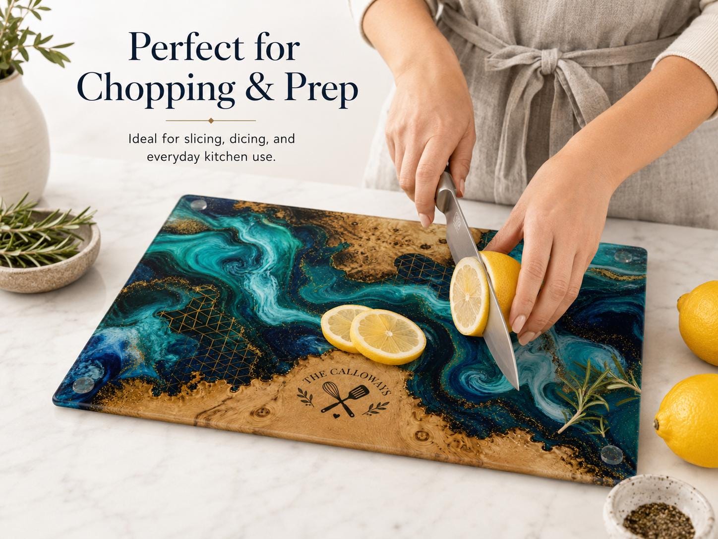 Personalized Glass Cutting Board - Blue Resin Style with Gold Details