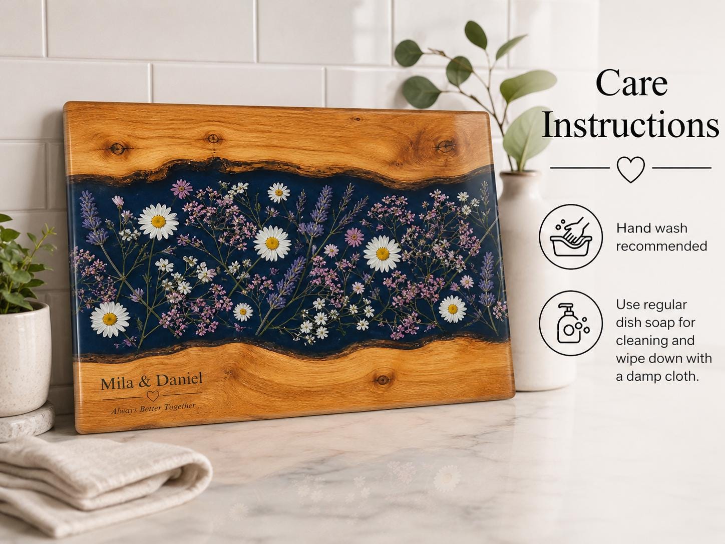 Personalized Glass Cutting Board, Blue Resin & Wood Design (8x11 or 11x15)