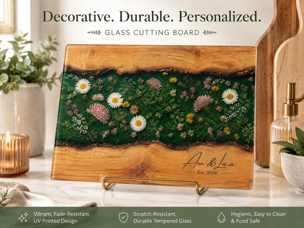 Custom Glass Cutting Board: Blue Resin Style - Personalized Names Included