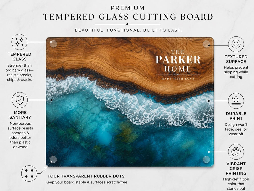 Custom Glass Cutting Board - Purple Geode Design with Couple Names