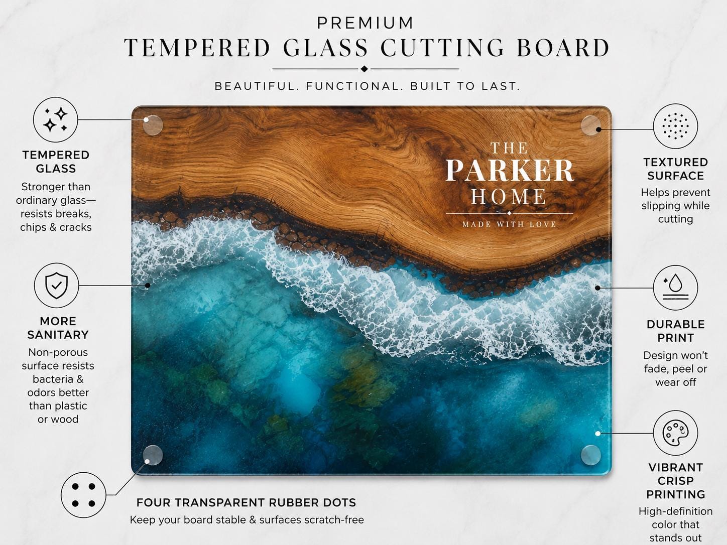 Custom Glass Cutting Board - Purple Geode Design with Couple Names