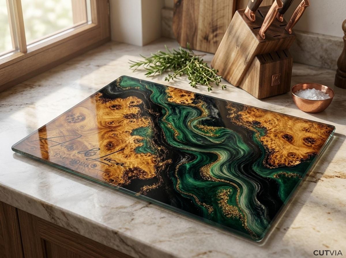 Personalized Green Geode Glass Cutting Board, Custom Couple Name Serving Tray