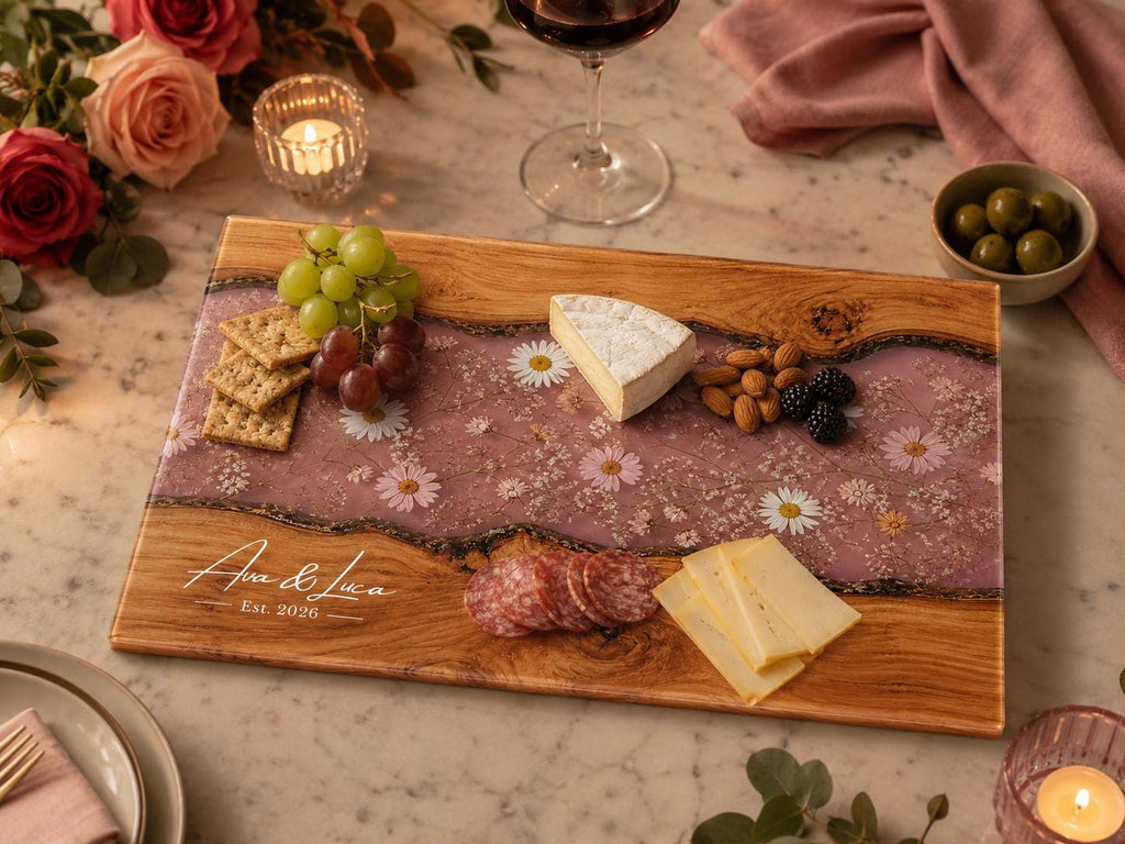 Custom Cutting Board: Blue Resin Style - Tempered Glass, Personalized Names