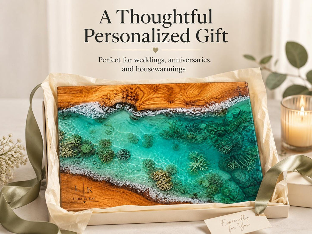 Personalized Glass Cutting Board: Blue Resin Look, Custom Names