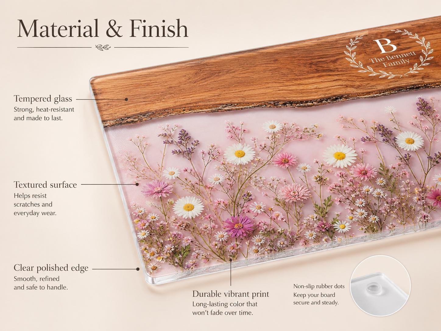 Personalized Family Monogram Serving Board, Pink Wildflower Glass Board, Custom Housewarming Gift