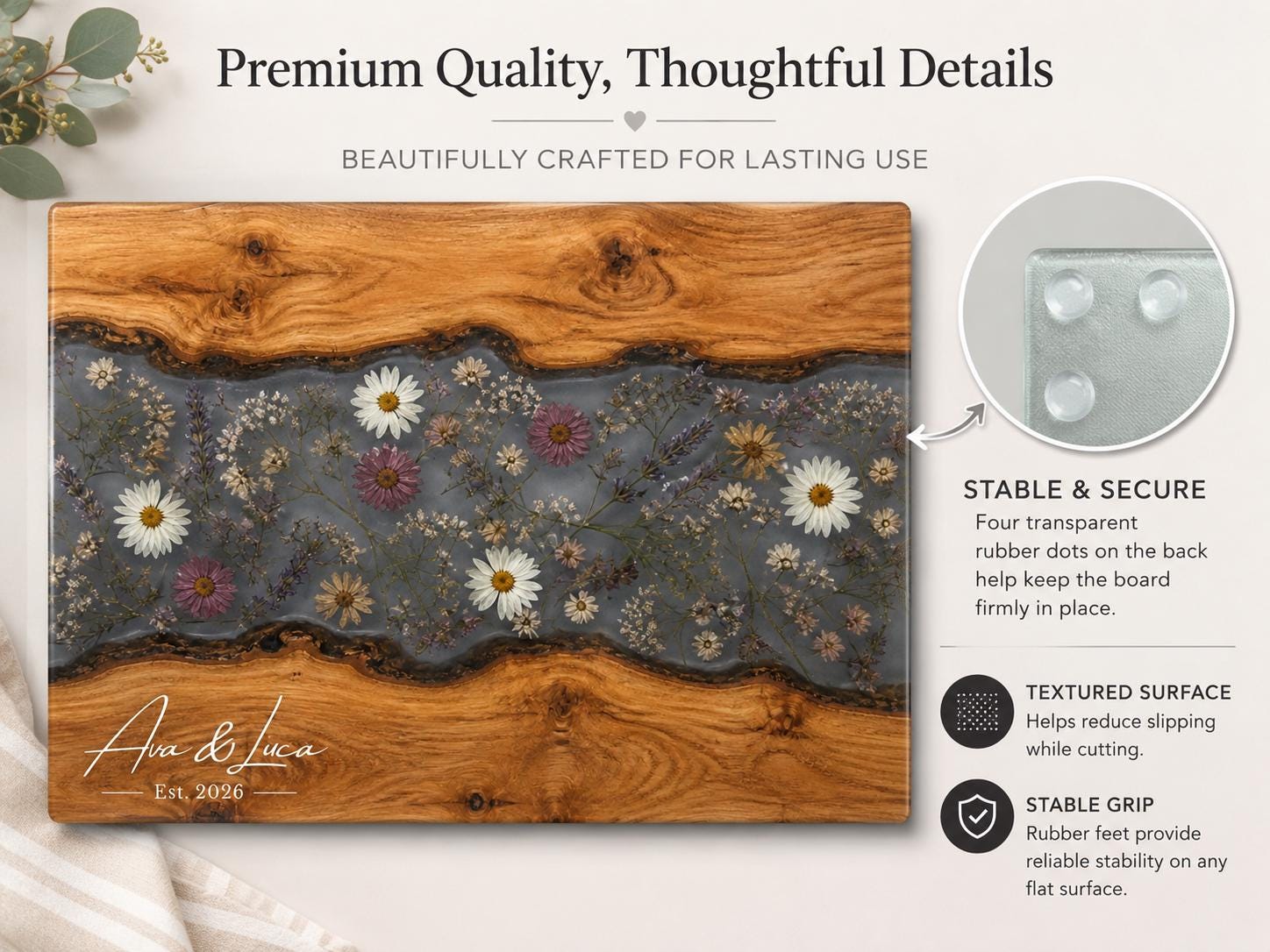 Personalized Charcuterie Board, Gray Floral Cutting Board, Housewarming Gift
