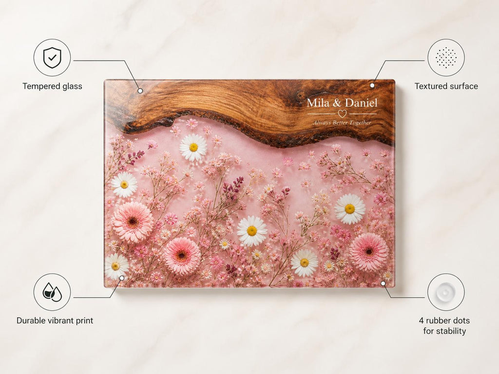 Personalized Pink Daisy Serving Board, Floral Glass Charcuterie Board, Custom Couple Wedding Gift