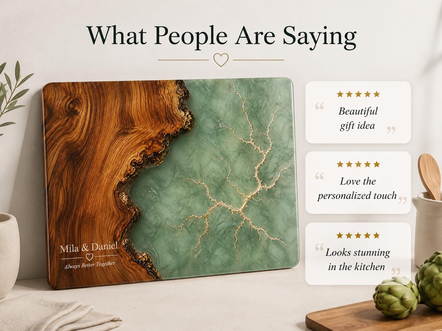 Personalized Charcuterie Board, Green Marble Glass Cutting Board, Custom Couple Gift