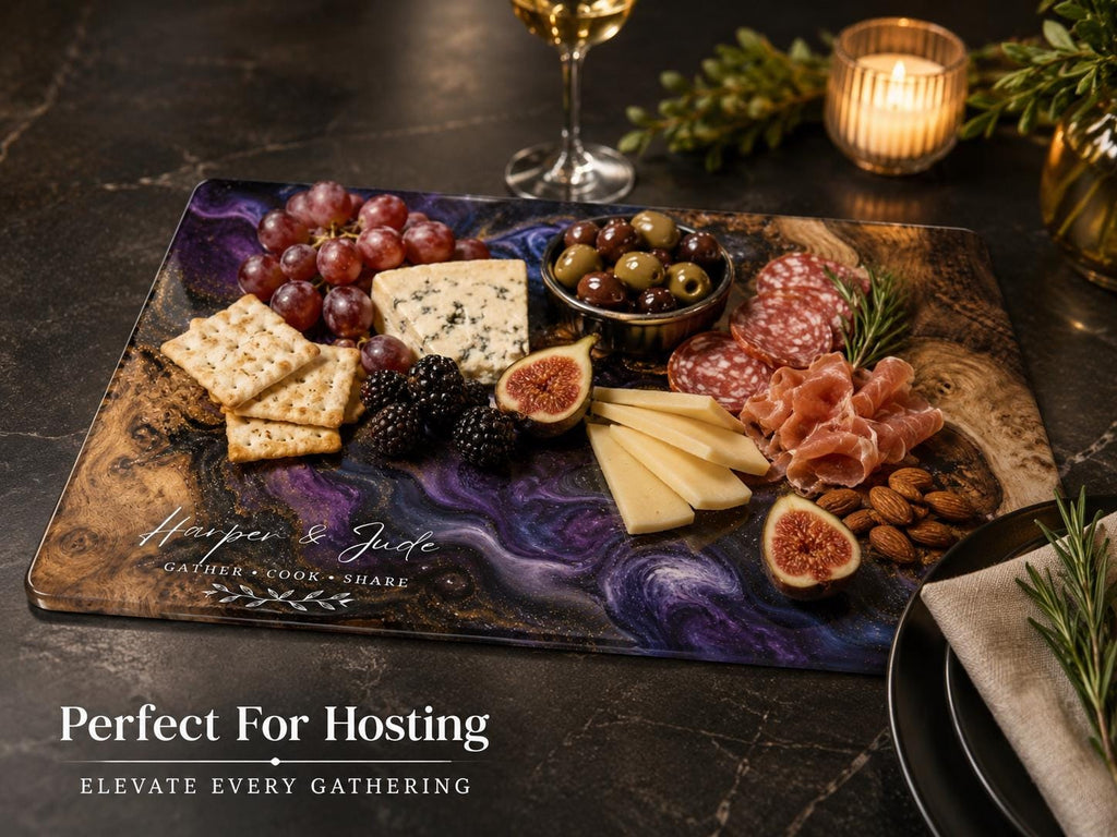 Glass Cutting Board: Personalized Blue Resin Style (Wedding or Housewarming)