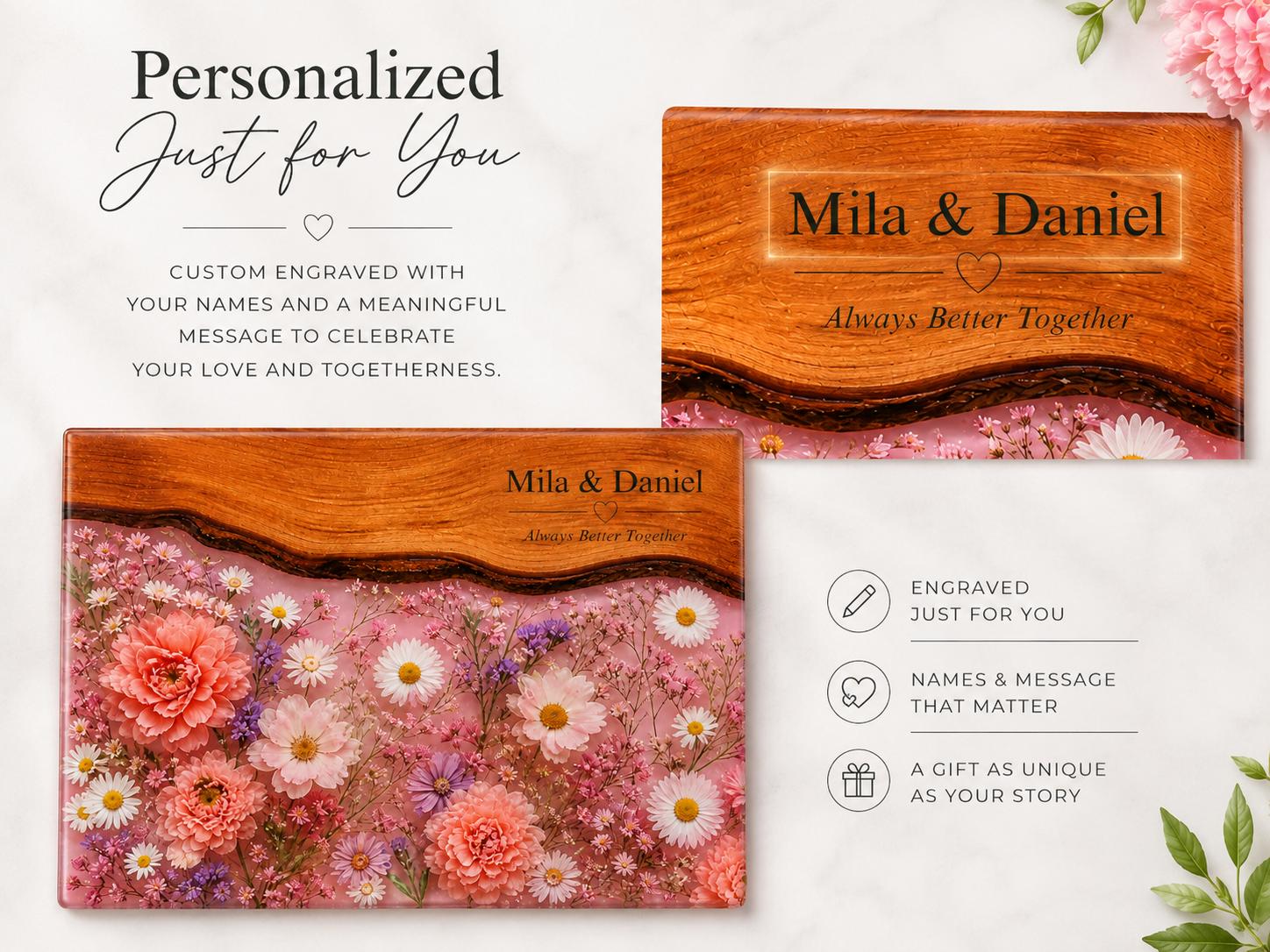 Personalized Glass Cutting Board, Pink Floral Tempered Glass Board, Custom Couple Wedding Gift