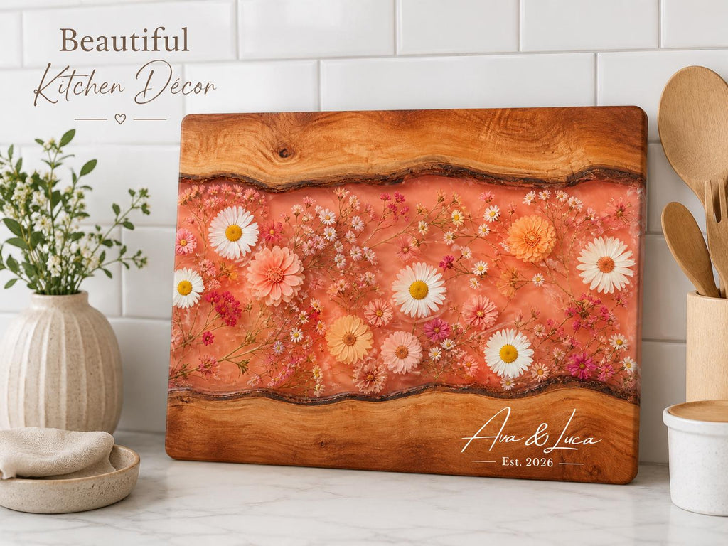 Personalized Floral Kitchen Decor Board, Coral Wildflower Serving Board, Custom Couple Housewarming Gift