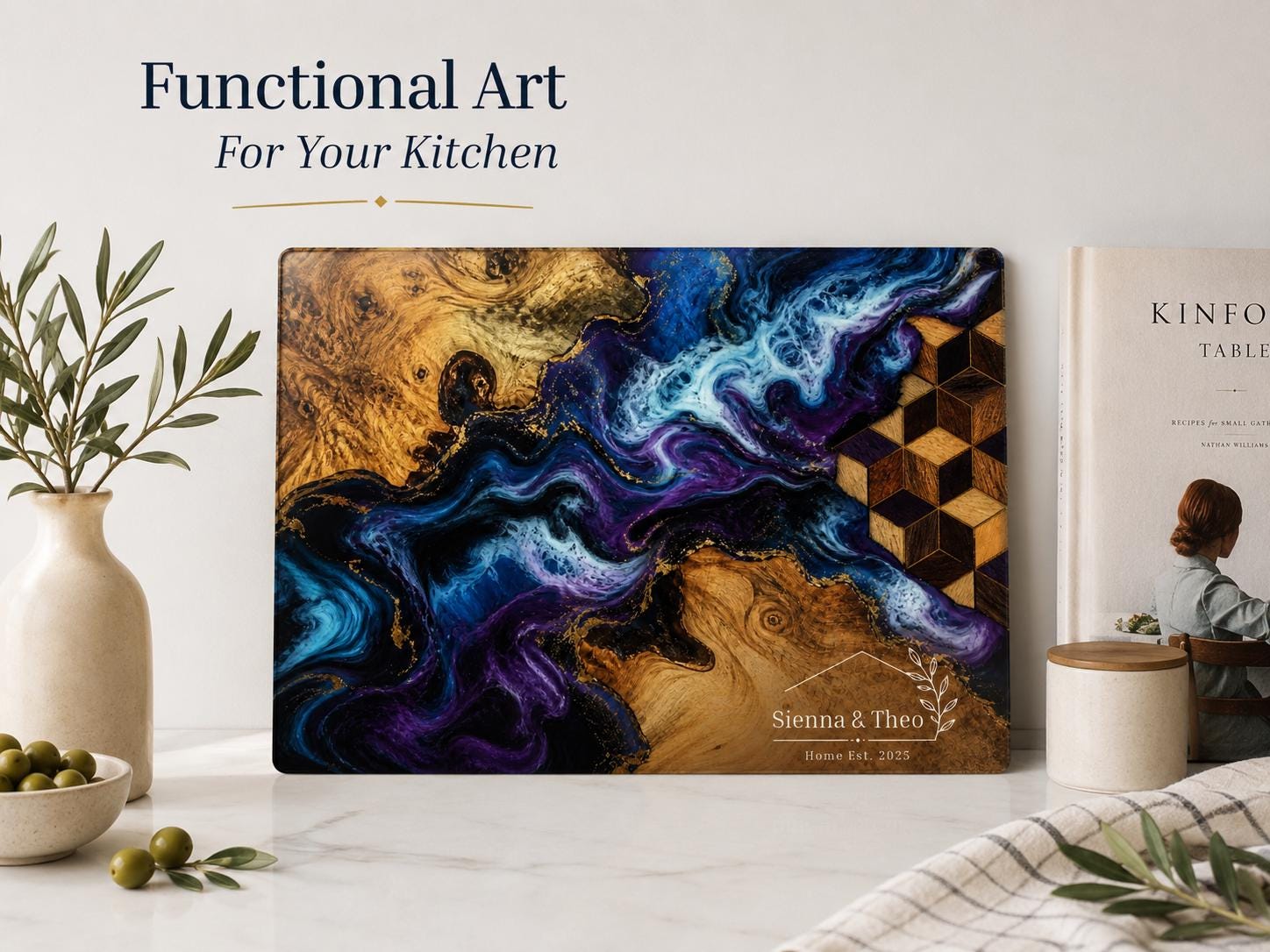 Personalized Glass Cutting Board: Floral Design - Rustic Wood Style
