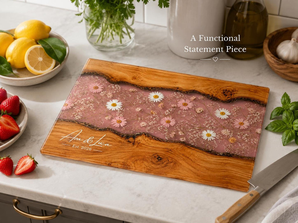 Custom Cutting Board: Blue Resin Style - Tempered Glass, Personalized Names