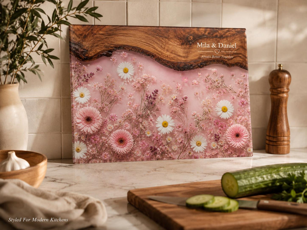Personalized Pink Daisy Serving Board, Floral Glass Charcuterie Board, Custom Couple Wedding Gift