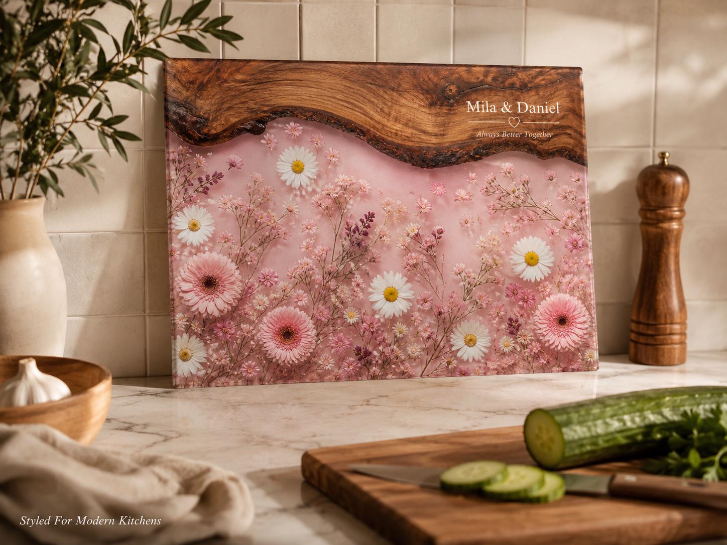 Personalized Pink Daisy Serving Board, Floral Glass Charcuterie Board, Custom Couple Wedding Gift
