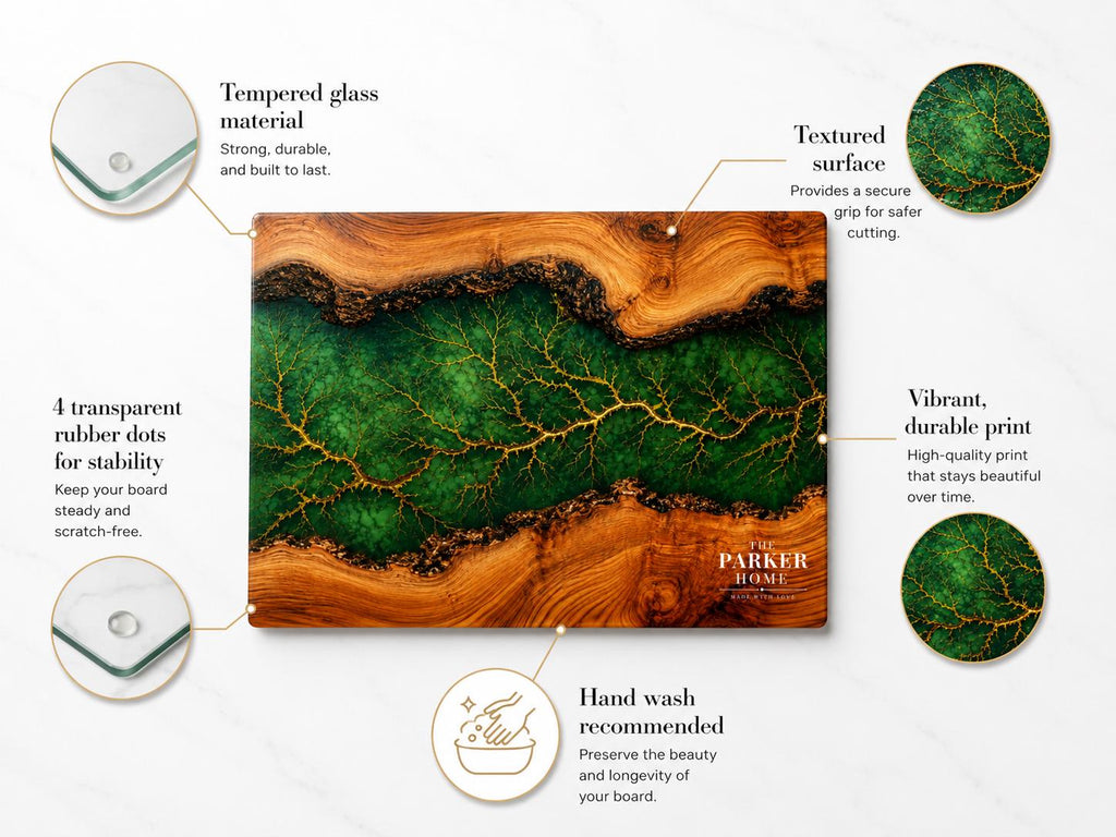 Personalized Emerald Geode Glass Board, Custom Family Kitchen Decor, Wood Look Housewarming Gift