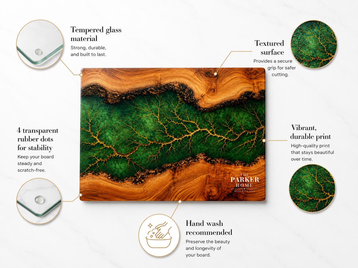 Personalized Emerald Geode Glass Board, Custom Family Kitchen Decor, Wood Look Housewarming Gift