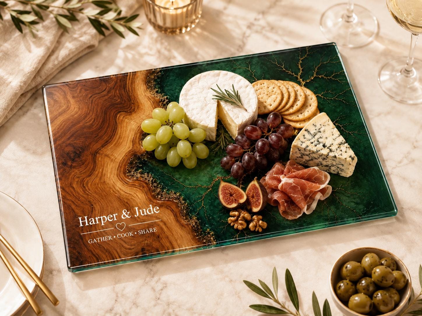 Custom Glass Cutting Board: Blue Resin Style (Two Sizes Available)