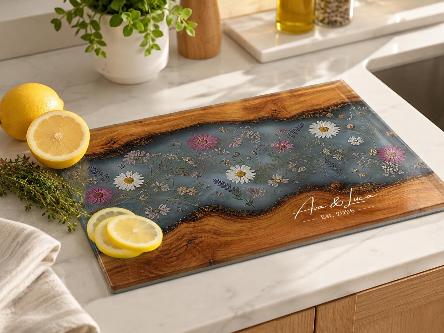 Personalized Cutting Board, Blue Floral Cheese Board, Custom Kitchen Gift