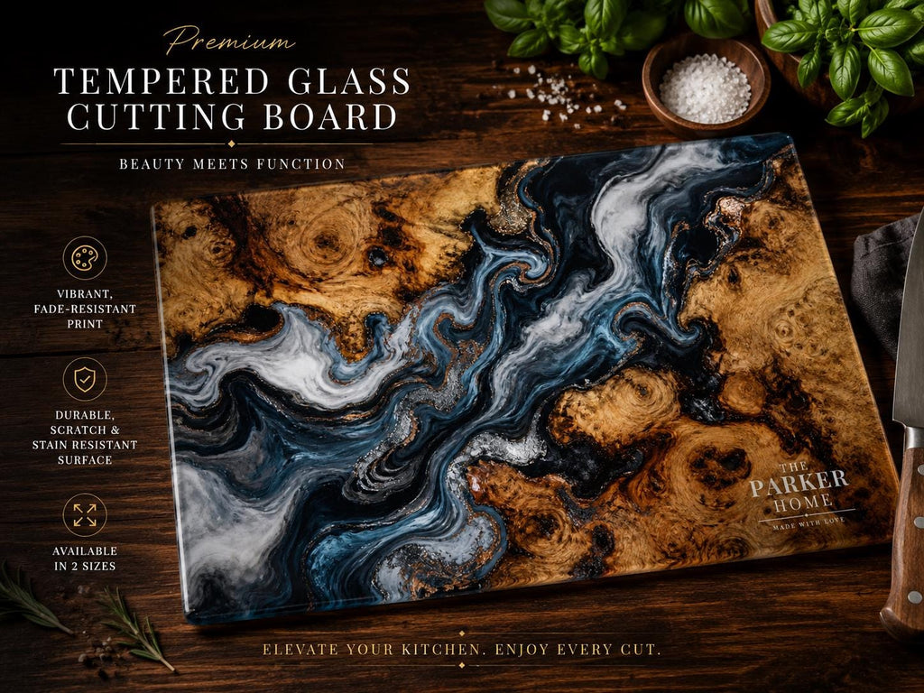 Personalized Glass Cutting Board: Blue Resin Look with Gold Accents