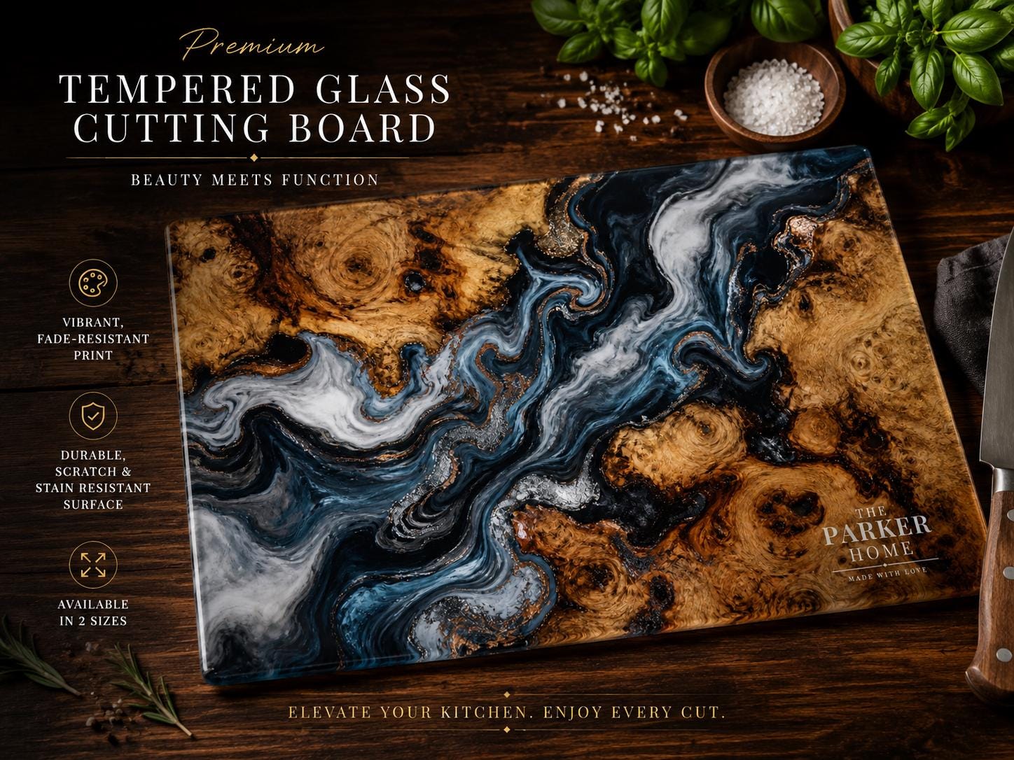Personalized Glass Cutting Board: Blue Resin Look with Gold Accents
