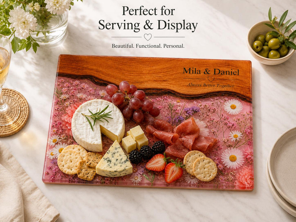 Personalized Glass Cutting Board, Pink Floral Tempered Glass Board, Custom Couple Wedding Gift