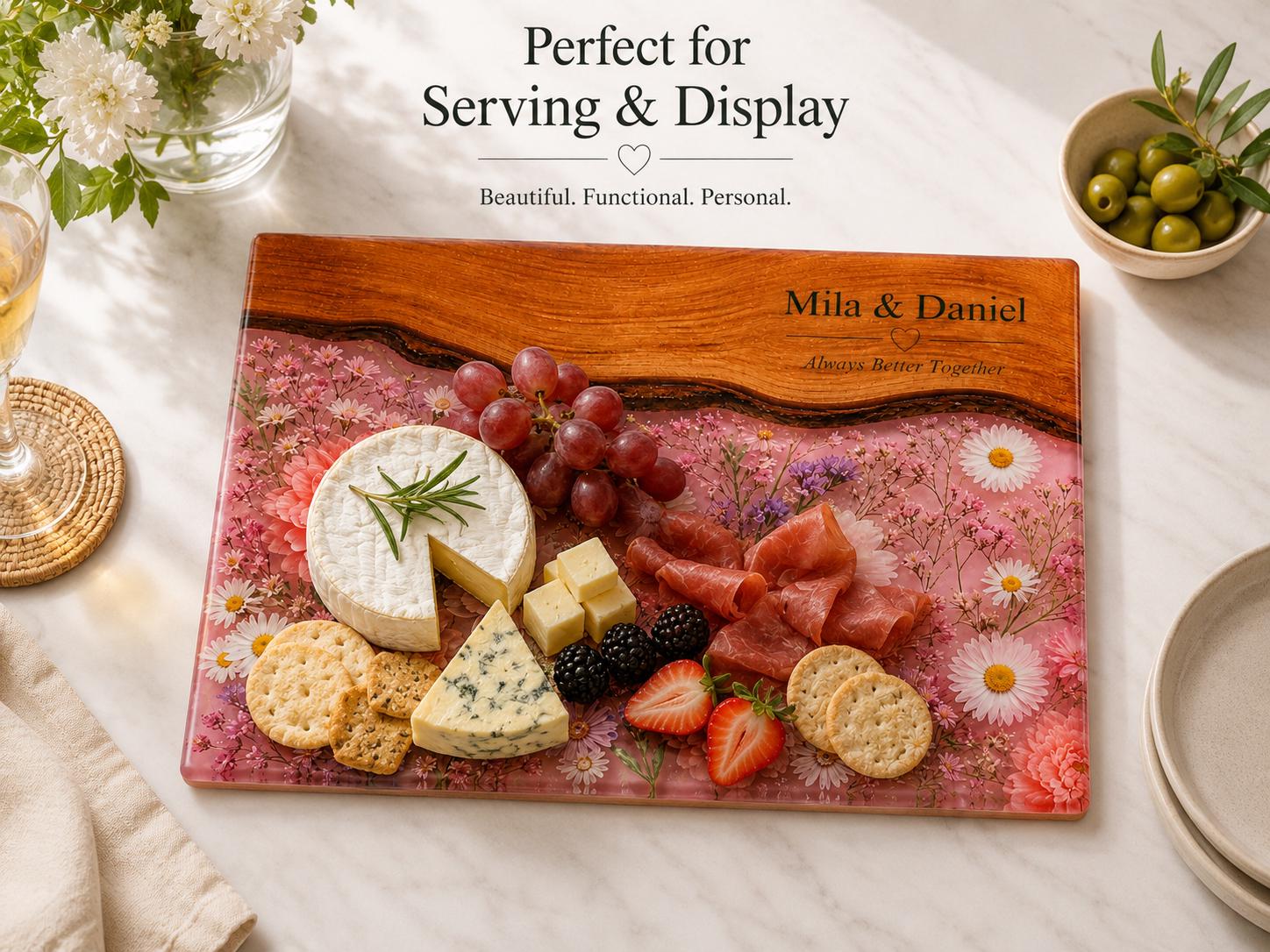 Personalized Glass Cutting Board, Pink Floral Tempered Glass Board, Custom Couple Wedding Gift