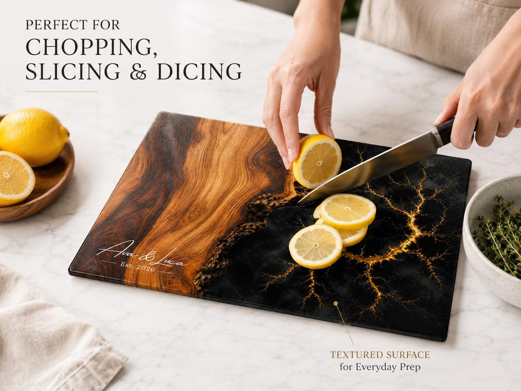 Personalized Glass Cutting Board, Purple Geode, Gold Accents (2 Sizes)
