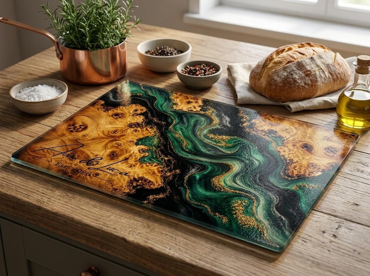 Personalized Green Geode Glass Cutting Board, Custom Couple Name Serving Tray