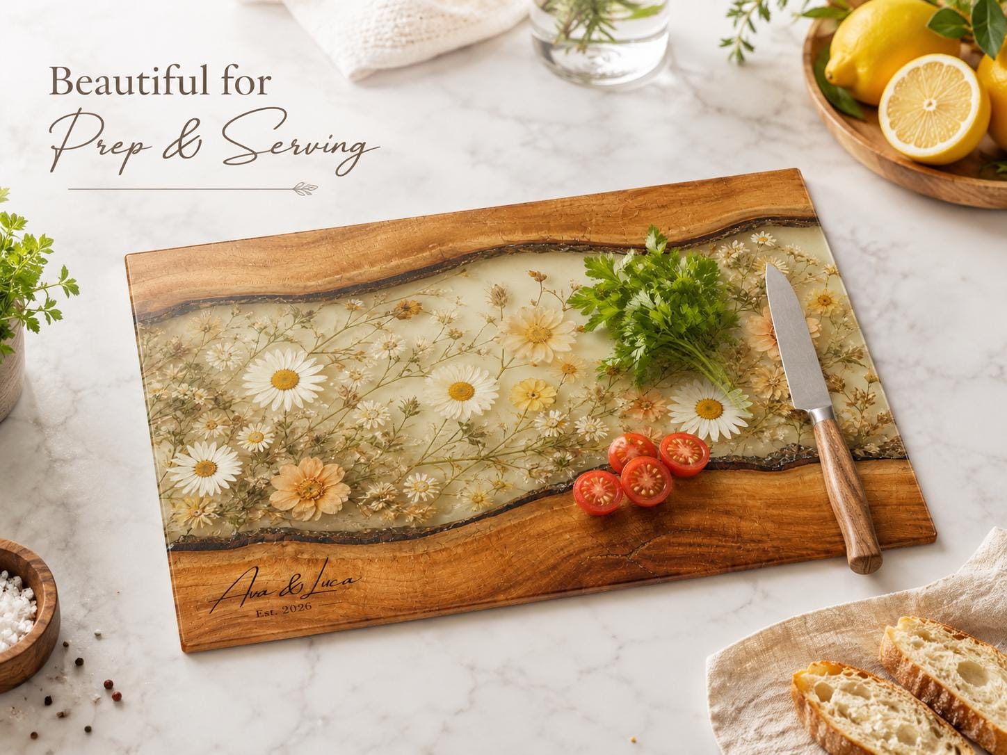 Personalized Floral Cutting Board, Neutral Daisy Glass Board, Custom Wedding Kitchen Gift