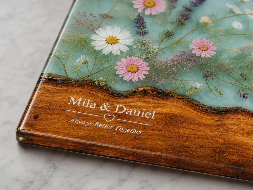 Glass Charcuterie Board: Personalized Blue Resin Design (Two Sizes)