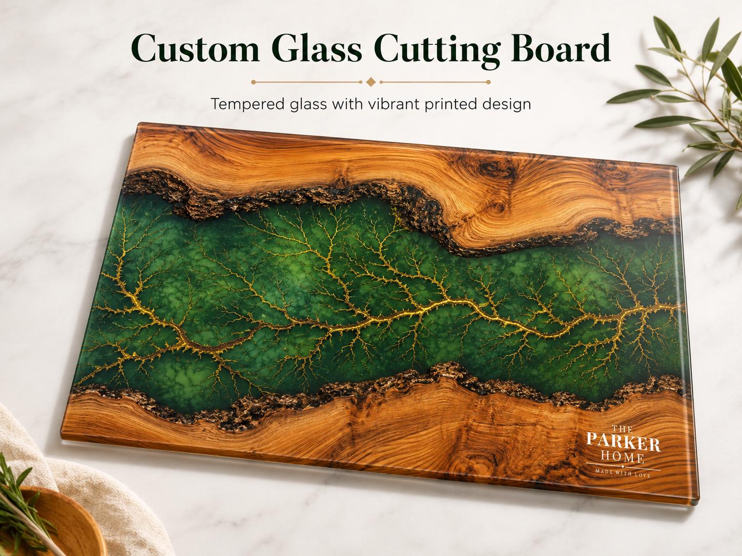 Personalized Emerald Geode Glass Board, Custom Family Kitchen Decor, Wood Look Housewarming Gift