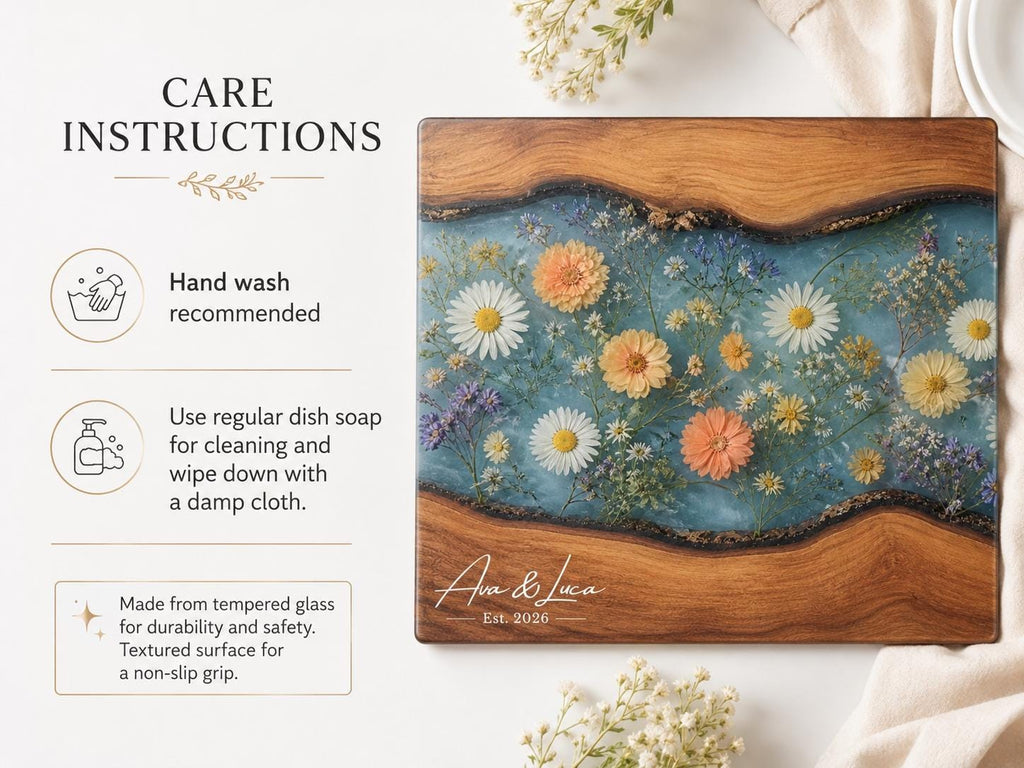 Personalized Floral Cutting Board, Botanical Charcuterie Board, Spring Kitchen Gift, Custom Couples Names Cutting Board