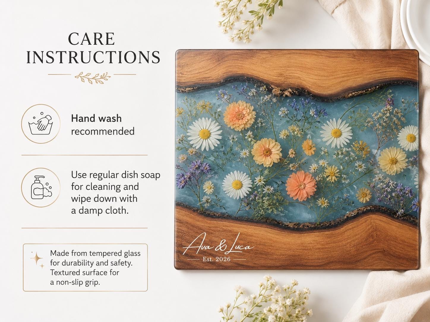 Personalized Floral Cutting Board, Botanical Charcuterie Board, Spring Kitchen Gift, Custom Couples Names Cutting Board