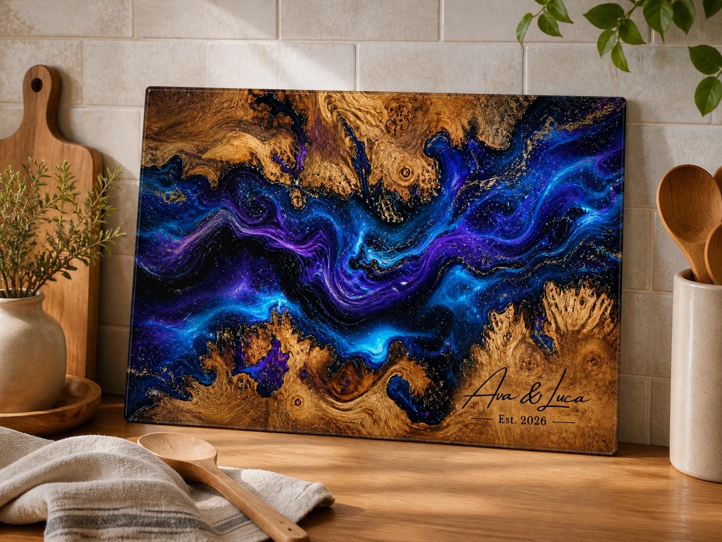 Personalized Glass Charcuterie Board, Blue Purple Galaxy Serving Board, Custom Couple Name Cutting Board Gift