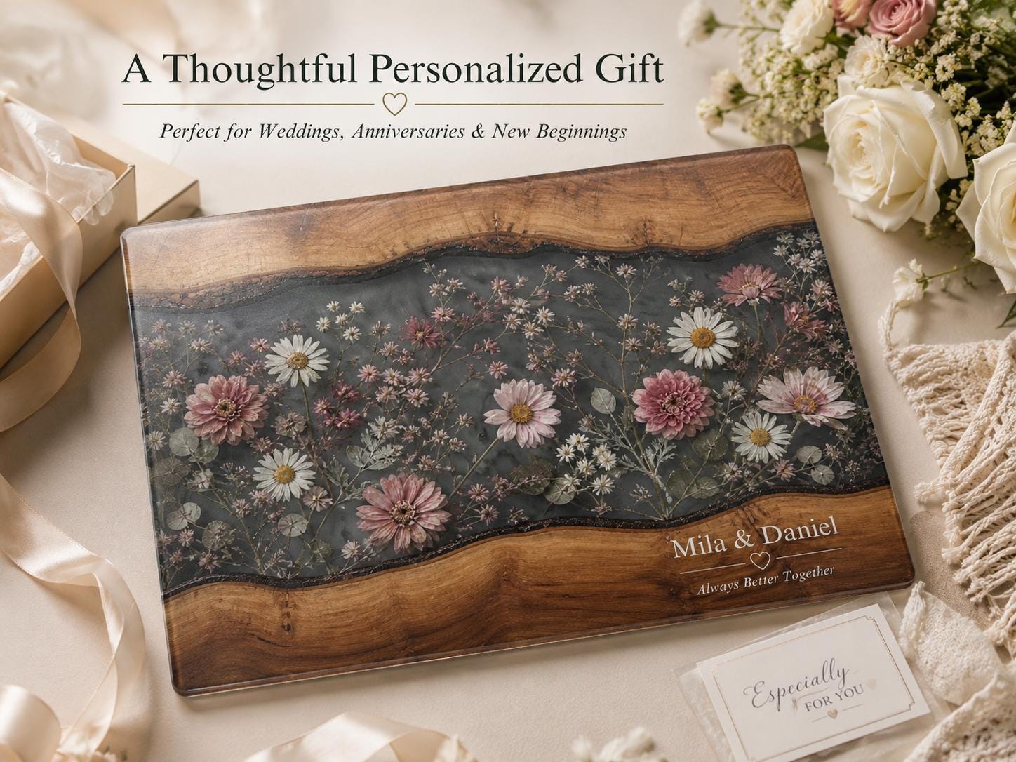 Personalized Floral Cutting Board, Dark Wildflower Glass Board, Custom Couple Kitchen Gift