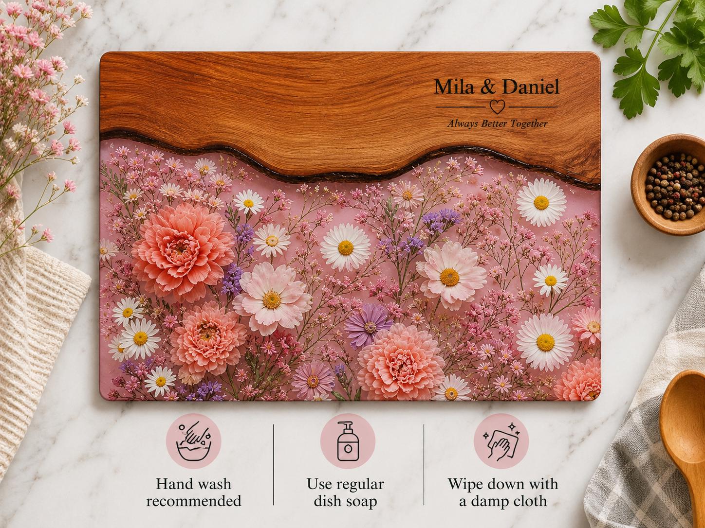 Personalized Glass Cutting Board, Pink Floral Tempered Glass Board, Custom Couple Wedding Gift