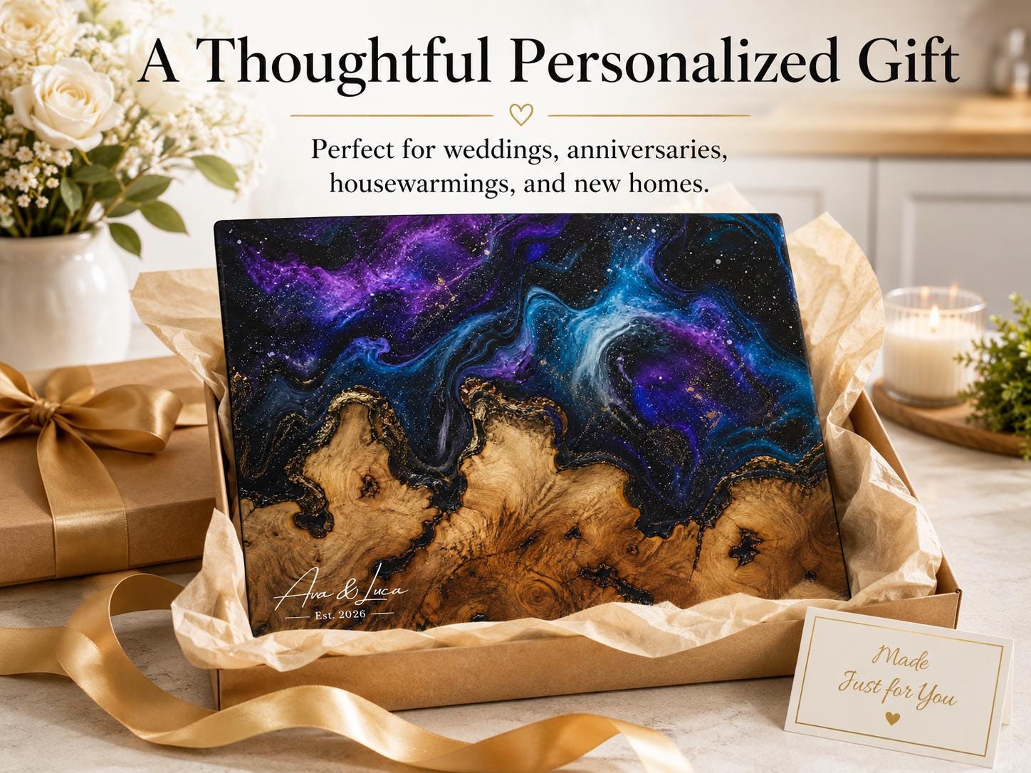 Custom Glass Cutting Board: Purple Geode Style - Personalized Names