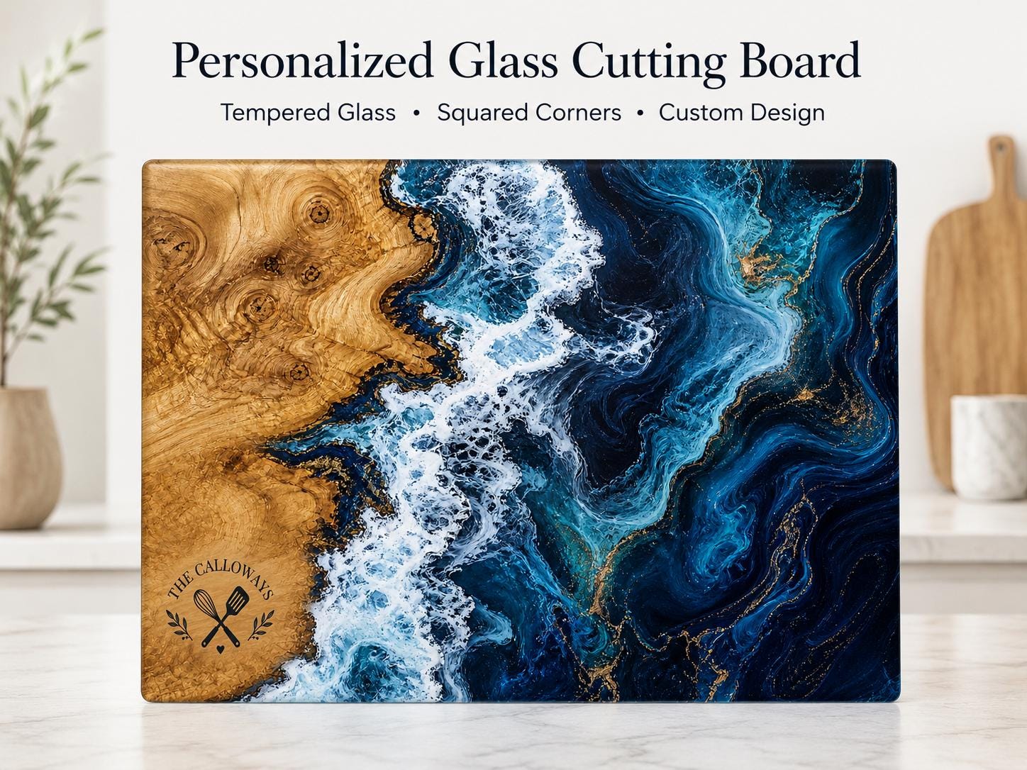 Personalized Glass Cutting Board: Purple Geode Design with Names