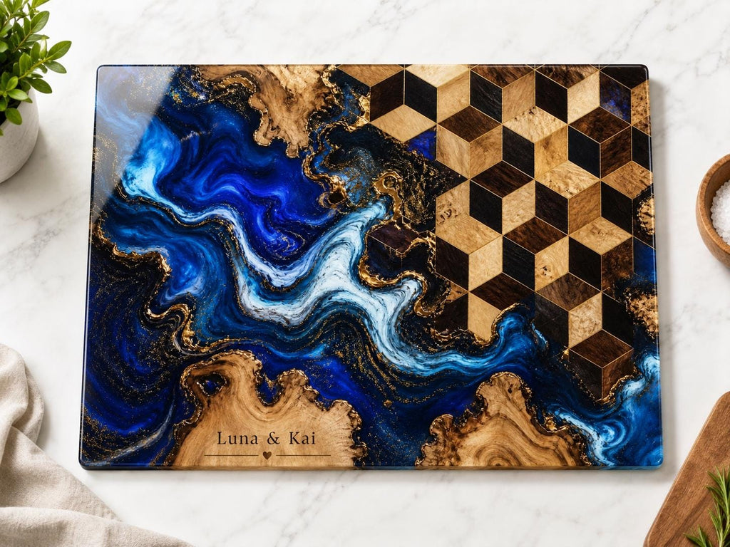 Personalized Glass Cutting Board, Blue Resin & Wood Design (8x11 or 11x15)