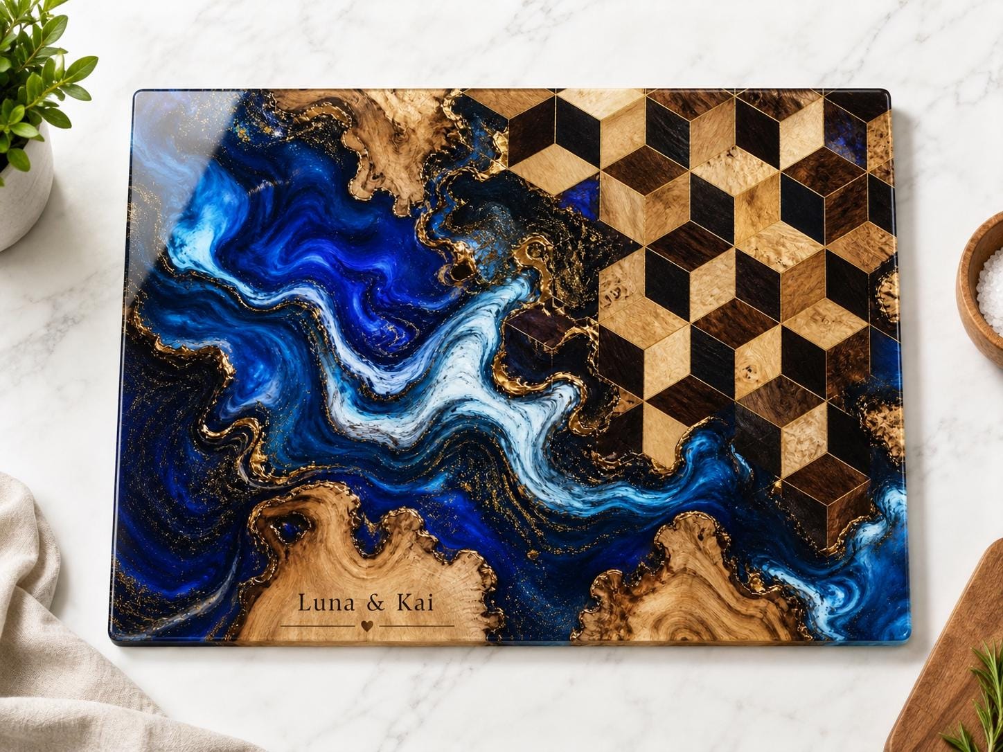 Personalized Glass Cutting Board, Blue Resin & Wood Design (8x11 or 11x15)