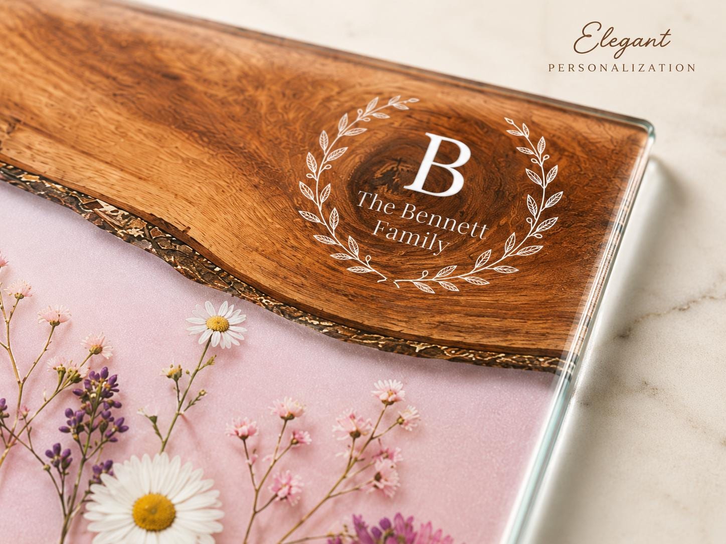 Personalized Family Monogram Serving Board, Pink Wildflower Glass Board, Custom Housewarming Gift