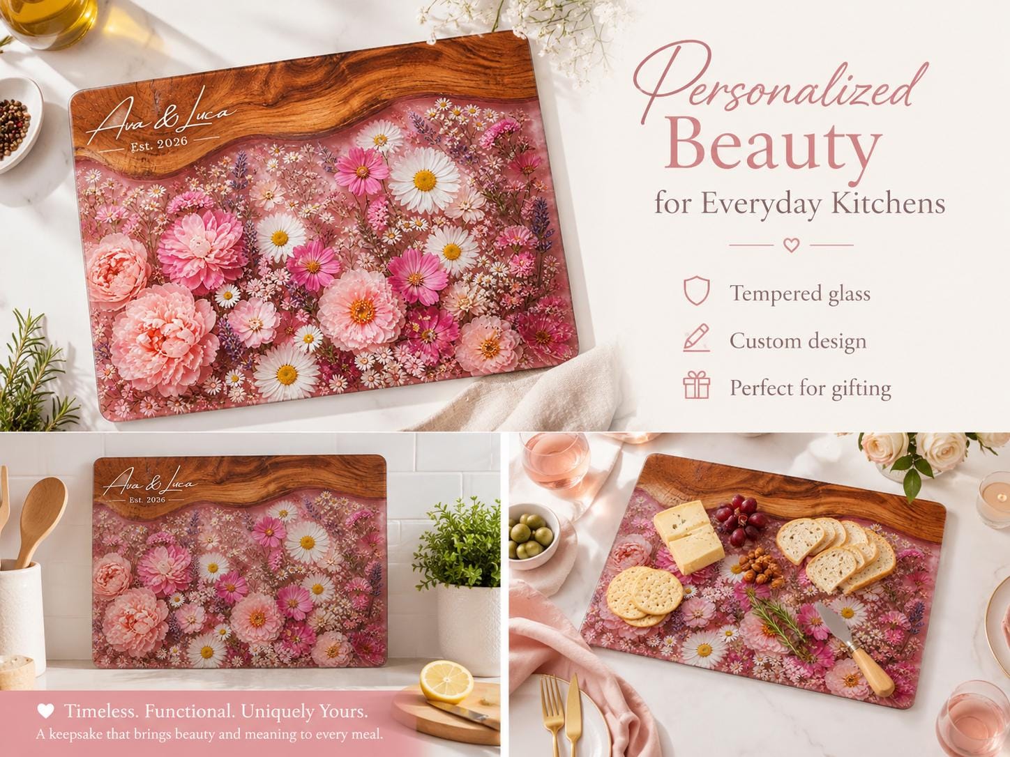 Personalized Floral Cutting Board, Pink Wildflower Glass Board, Custom Kitchen Gift