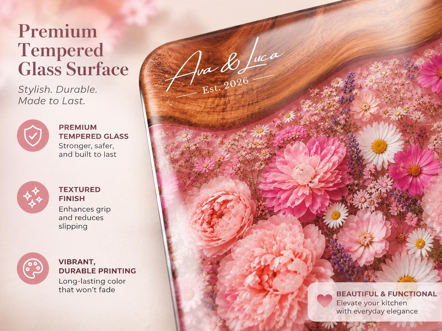 Personalized Floral Cutting Board, Pink Wildflower Glass Board, Custom Kitchen Gift