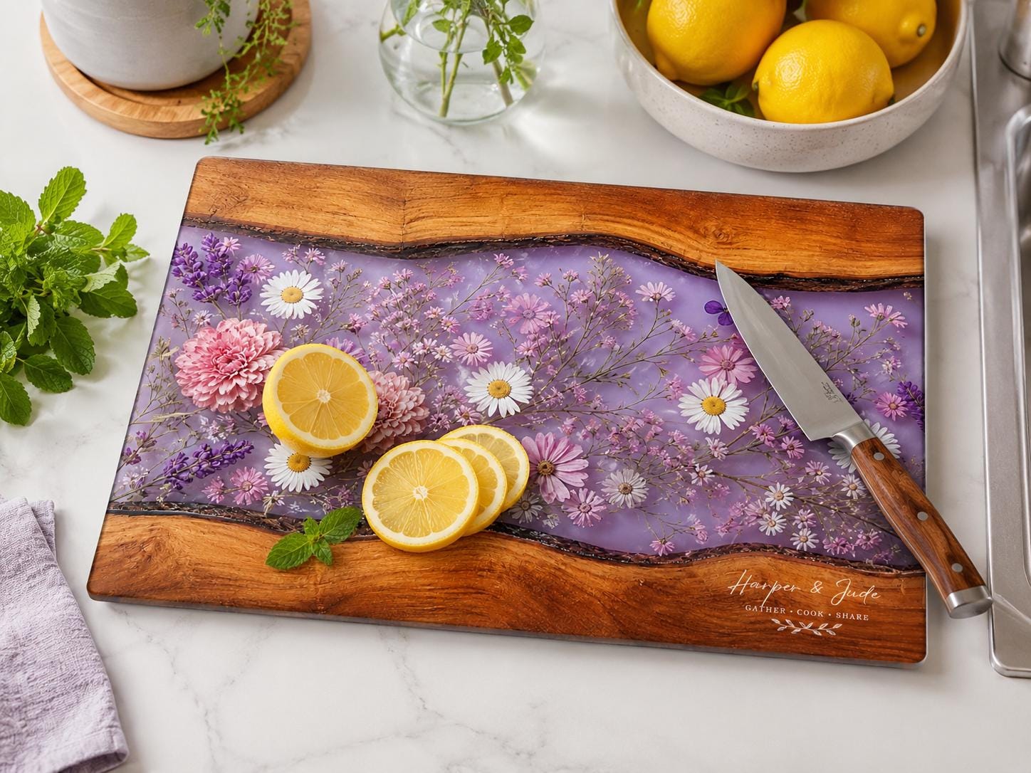 Personalized Floral Cutting Board, Purple Wildflower Glass Board, Custom Kitchen Gift for Housewarming