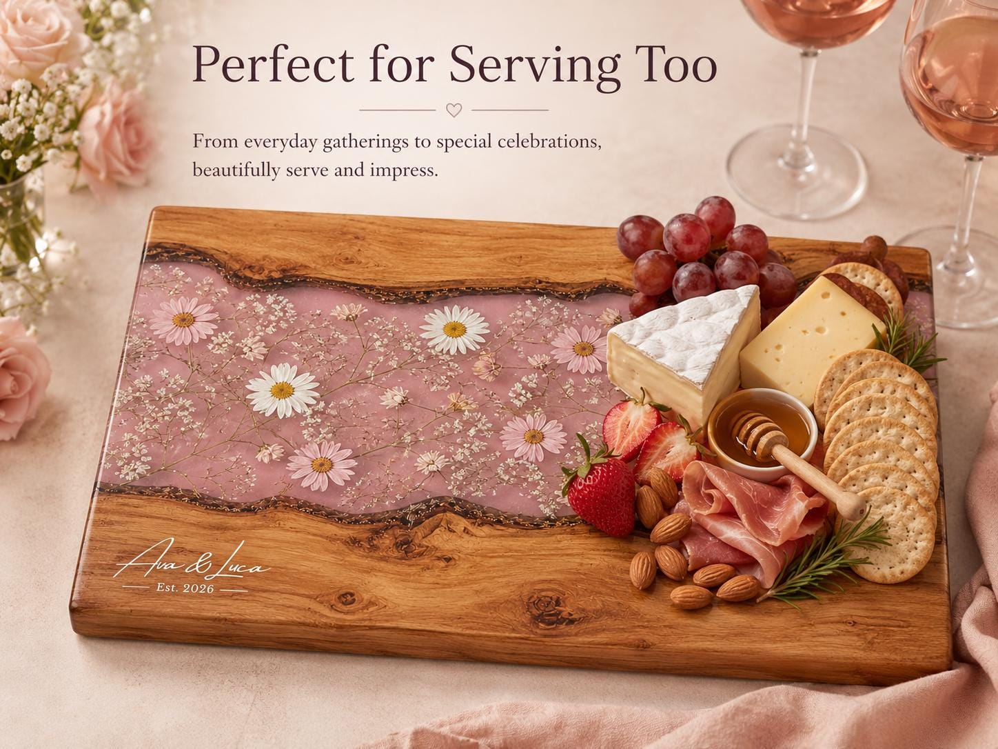 Custom Cutting Board: Blue Resin Style - Tempered Glass, Personalized Names