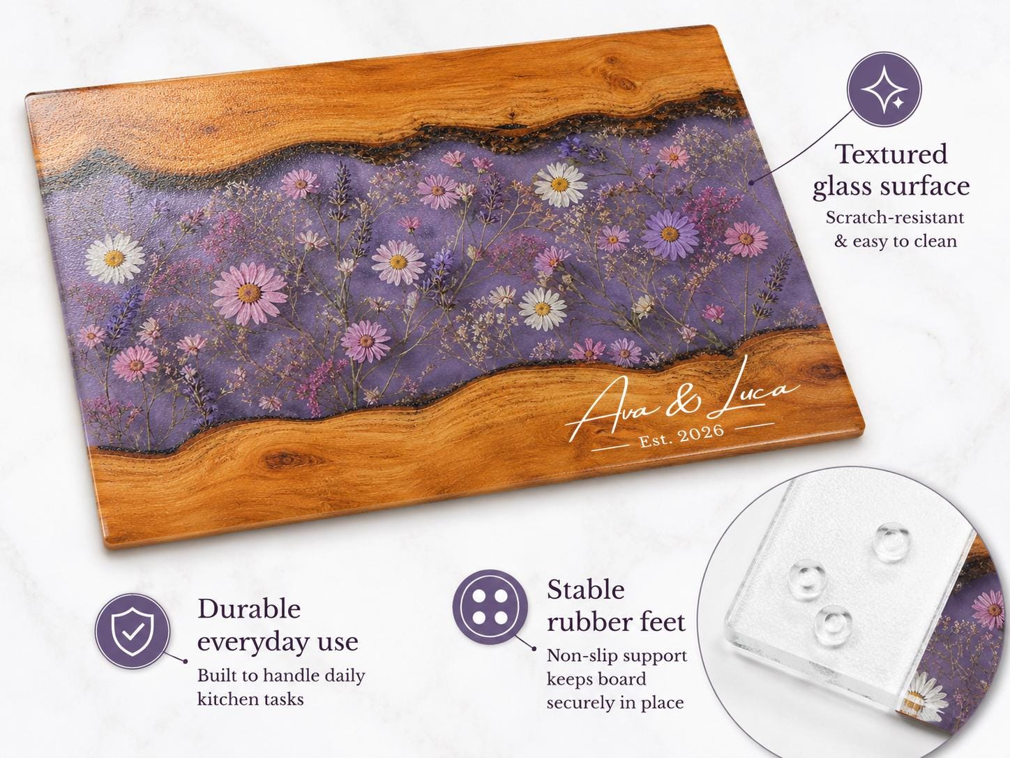 Glass Charcuterie Board - Custom Names, Blue and Wood Grain Design