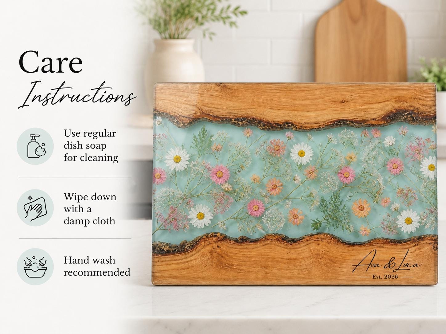 Personalized Glass Cutting Board: Blue Resin Look with Gold Accents
