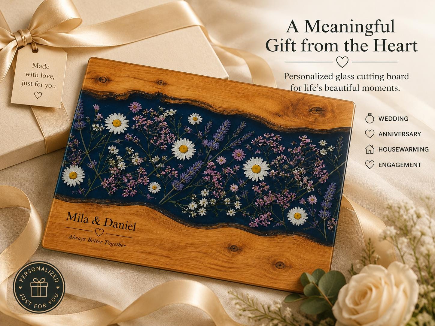 Personalized Glass Cutting Board, Blue Resin & Wood Design (8x11 or 11x15)