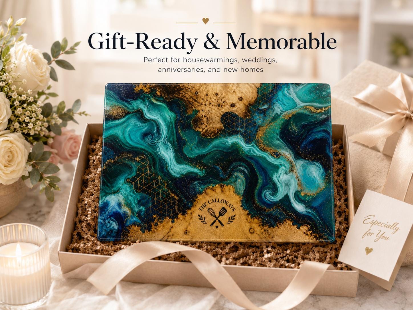 Personalized Glass Cutting Board - Blue Resin Style with Gold Details